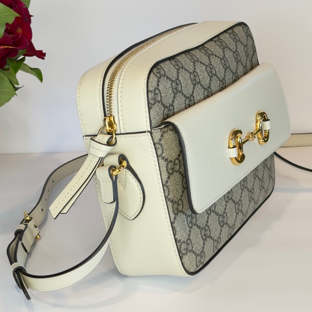 GUCCI Horsebit 1955 Ivory Brown GG Supreme Leather Crossbody Shoulder Bag + COA - Picture 4 of 13